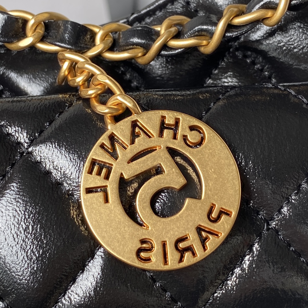 [TOP] CHANEL Wax Skin Hobo Bag 17×19×6cm/21.5×22.5×7cm - GHW - Black