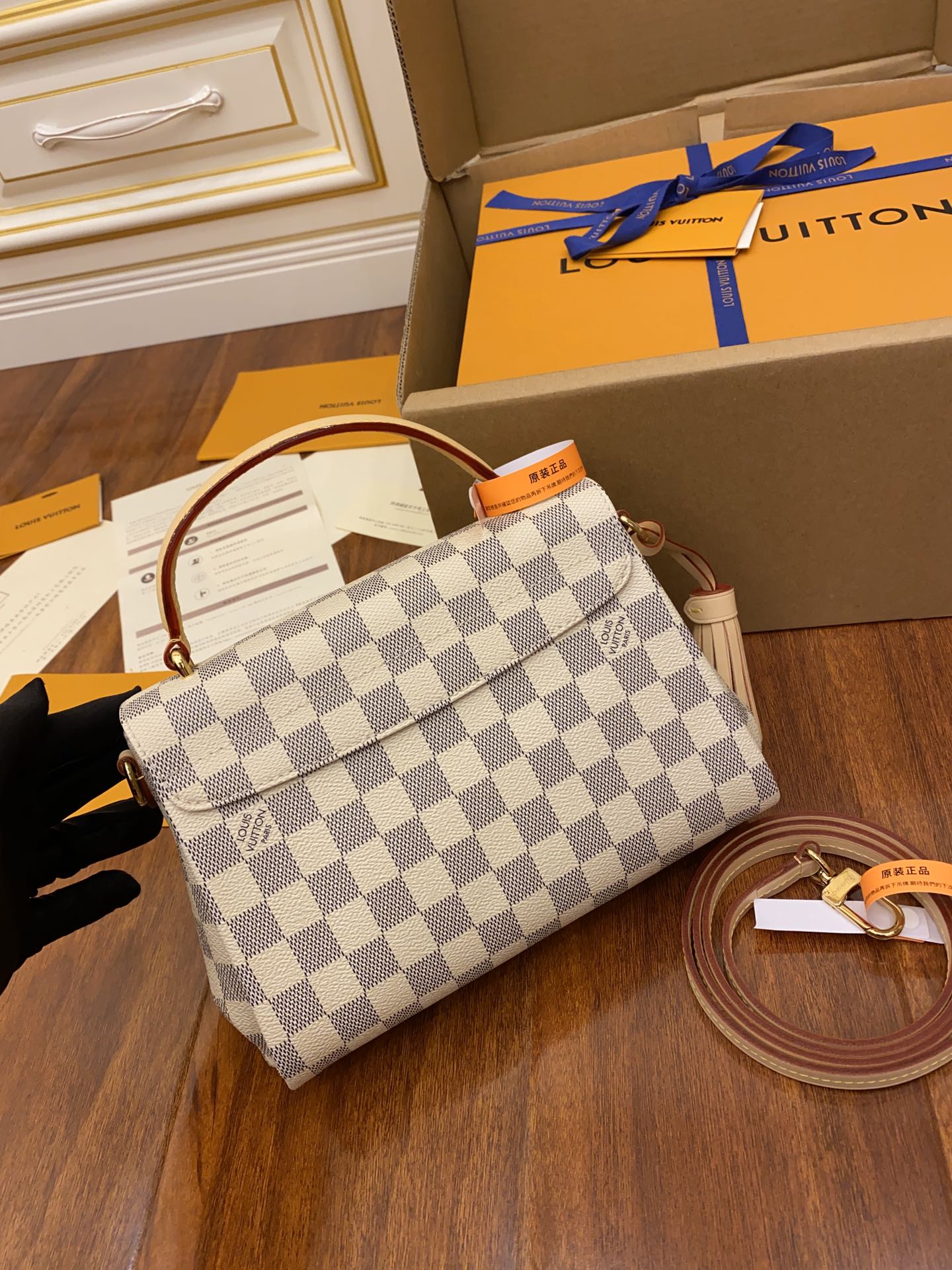 [TOP] Louis Vuitton LV £V Croisette Bag Damier Azur 25x17x9.5CM-Beige