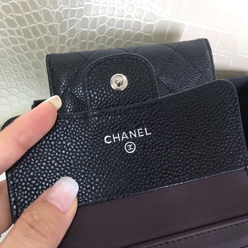 [TOP] CHANEL Trifold Wallet Caviar Skin - Black & SHW