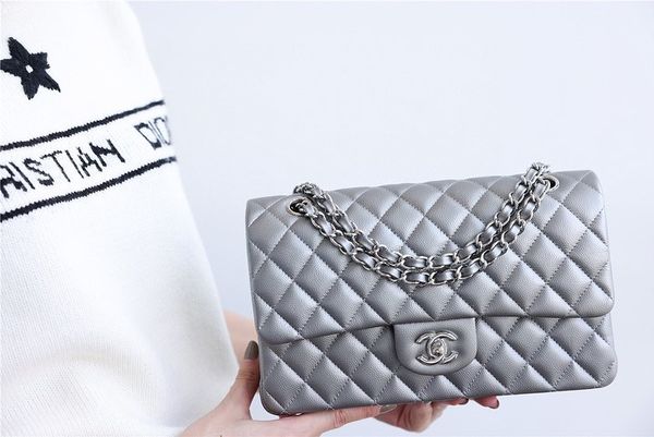 [TOP] CHANEL Classic Flap Bag Lambskin Medium 25.5cm – Grey & SHW