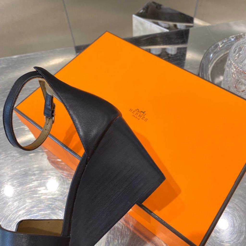 [TOP] HERMES Wedges Sandals Smooth Leather - Black