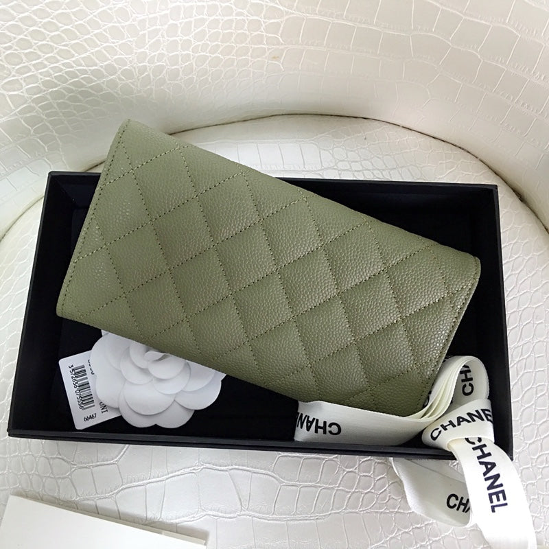 [TOP] CHANEL Long Folding Caviar Wallet - Dark Green