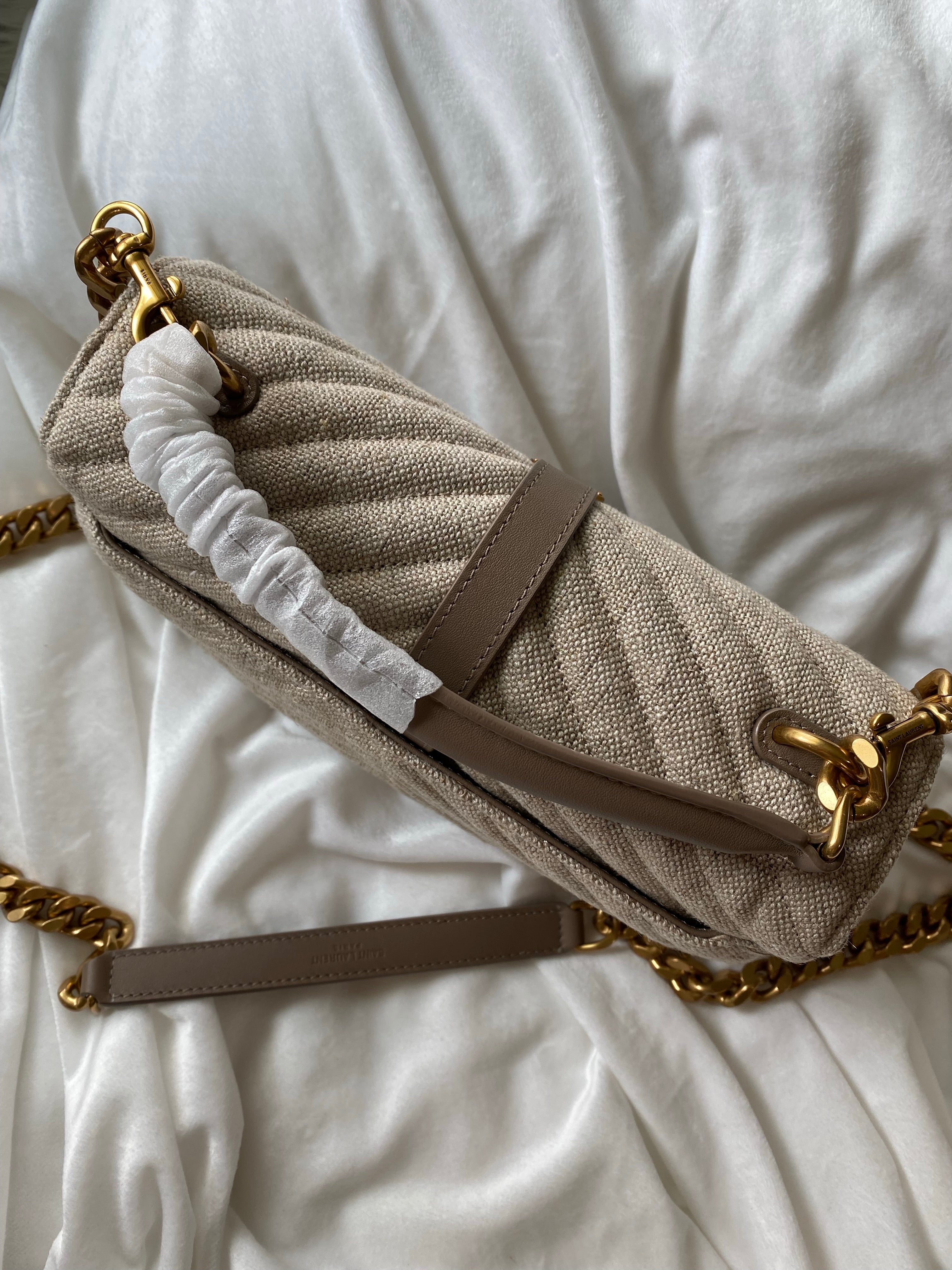 [TOP] Yves Saint Laurent YSL College Quilted Canvas Bag - Natural Taupe