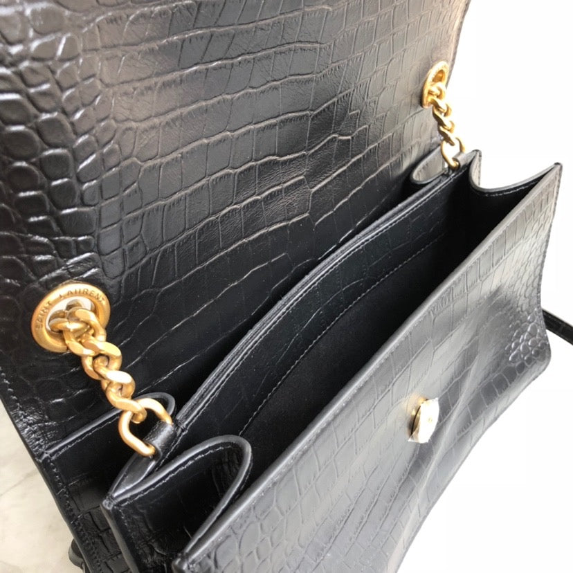[TOP] Yves Saint Laurent YSL Medium Monogramme Sunset Croc Bag 22x8x16cm - Black