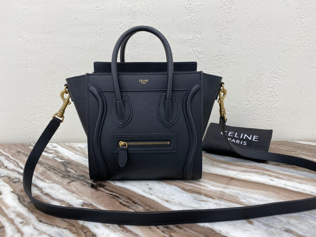 [TOP] CELINE Nano Luggage Grainy Bag 20x20x10cm - Black w GHW