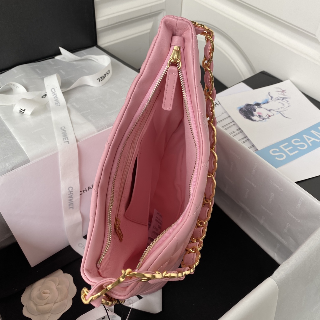 [TOP] CHANEL Hobo Bag 17.5X24X6cm/26×30×7cm - GHW - White/Pink