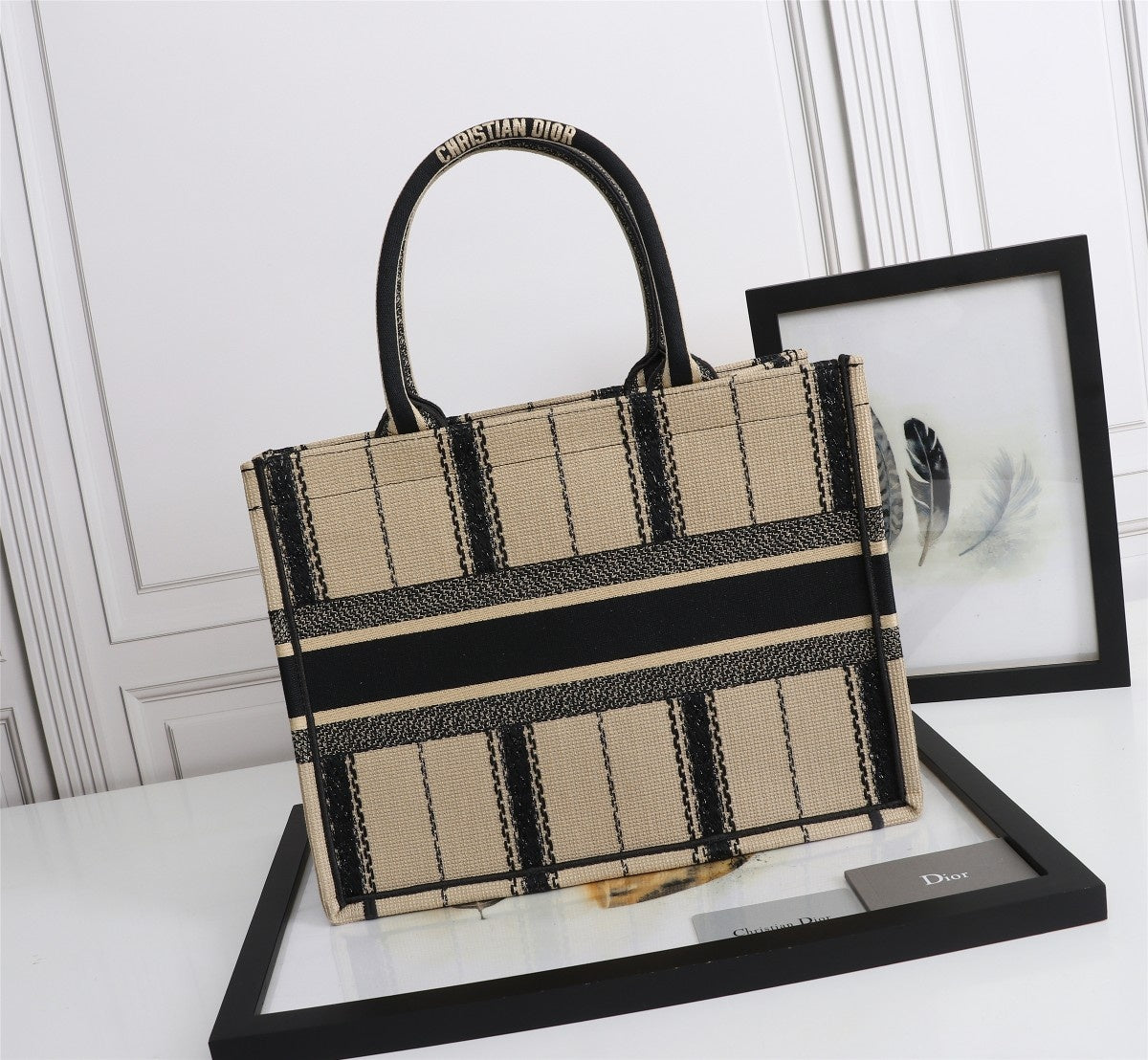 [TOP] Christian Dior Book Tote Bag Canvas Embroidered Bayadere Small 36cm - Black Beige