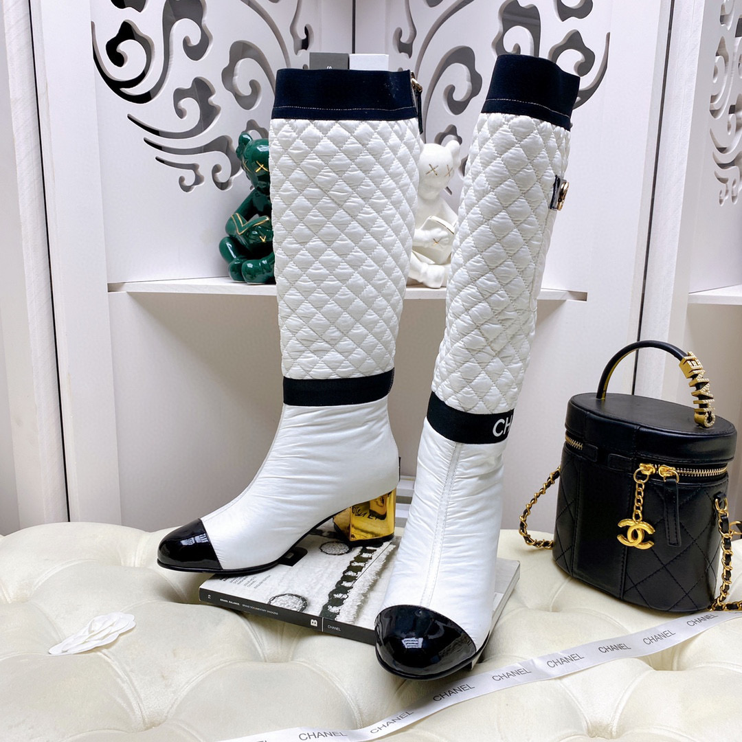 [TOP] CHANEL Lambskin Boots 5cm Heels - white/Black/Beige