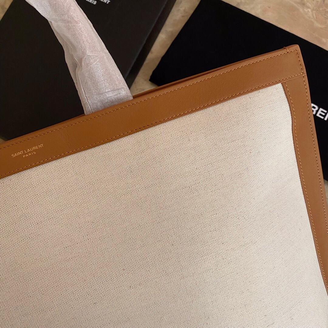 [TOP] Yves Saint Laurent YSL Cabas Linen Tote Bag - White and Brown