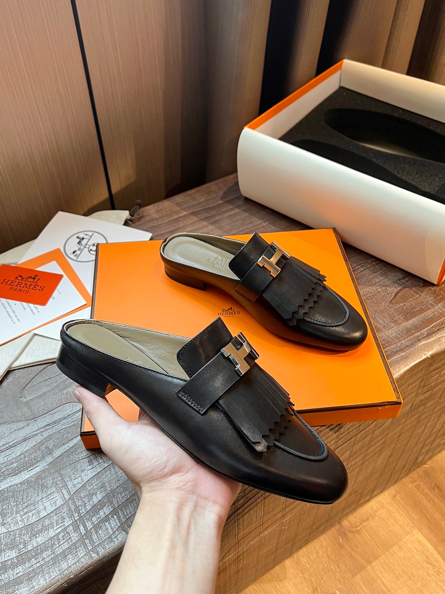 [TOP] HERMES Rivoli Mules - Black & SHW