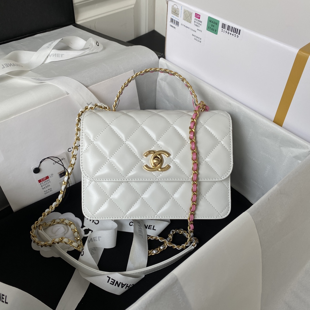 [TOP] CHANEL Mini CoCo Handle Bag 20X14X7.5cm - White & GHW