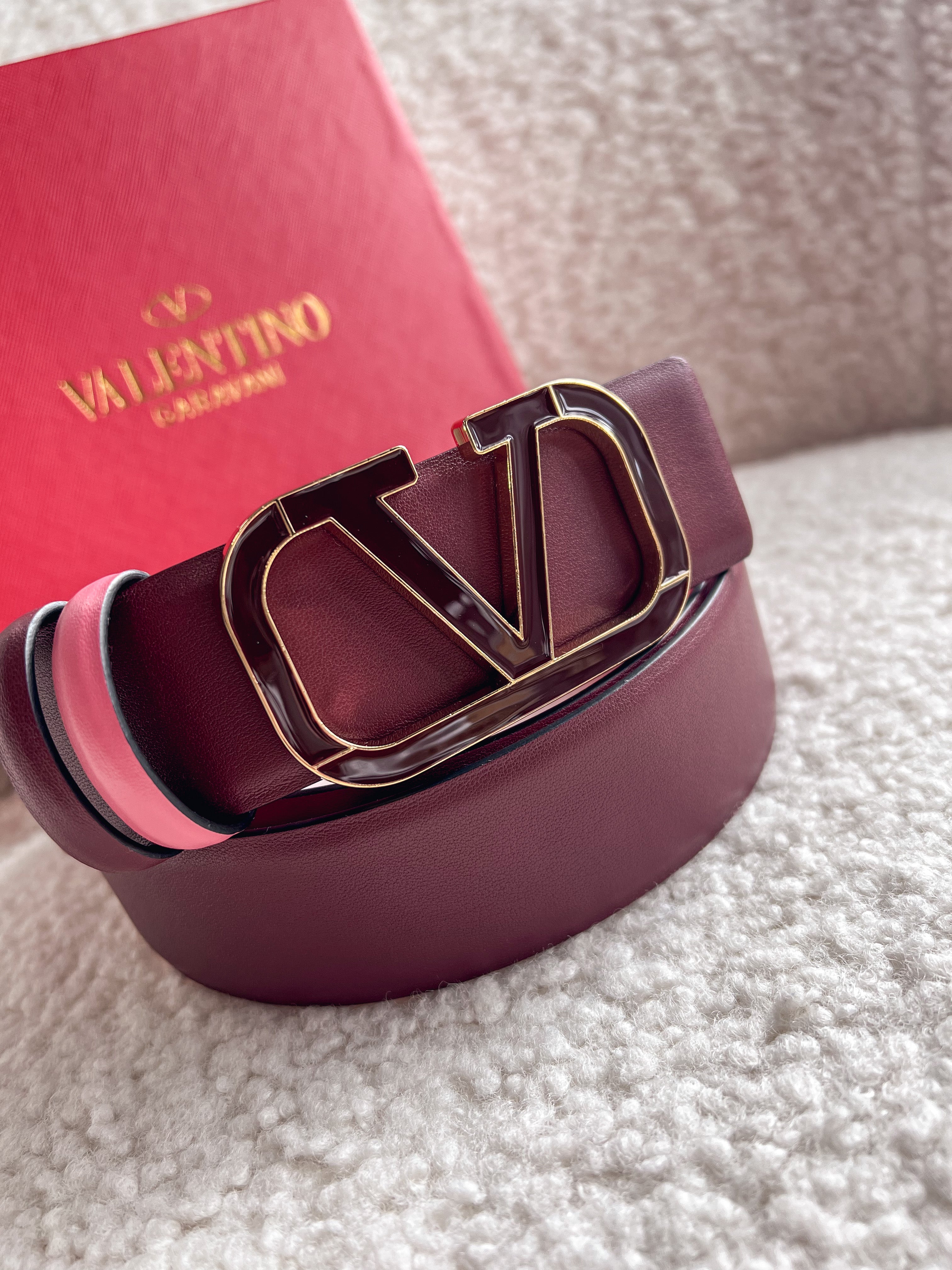 [TOP] VALENTINO V Logo Enamel Reversible Belt - Burgundy and Pink