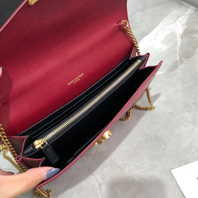 [TOP] Yves Saint Laurent YSL Cassandra Chain Wallet Grain Leather - Red