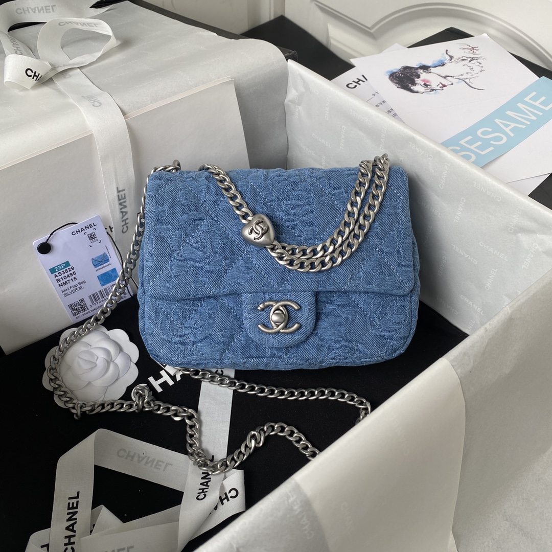 [TOP] CHANEL Cowboy Classic Flap Bag 14X20x8cm/19X24x9cm - SHW - Blue