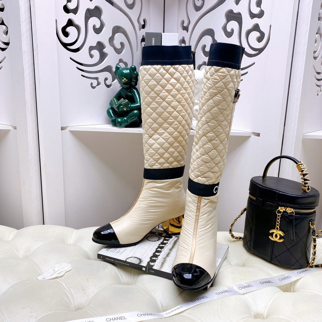[TOP] CHANEL Lambskin Boots 5cm Heels - white/Black/Beige