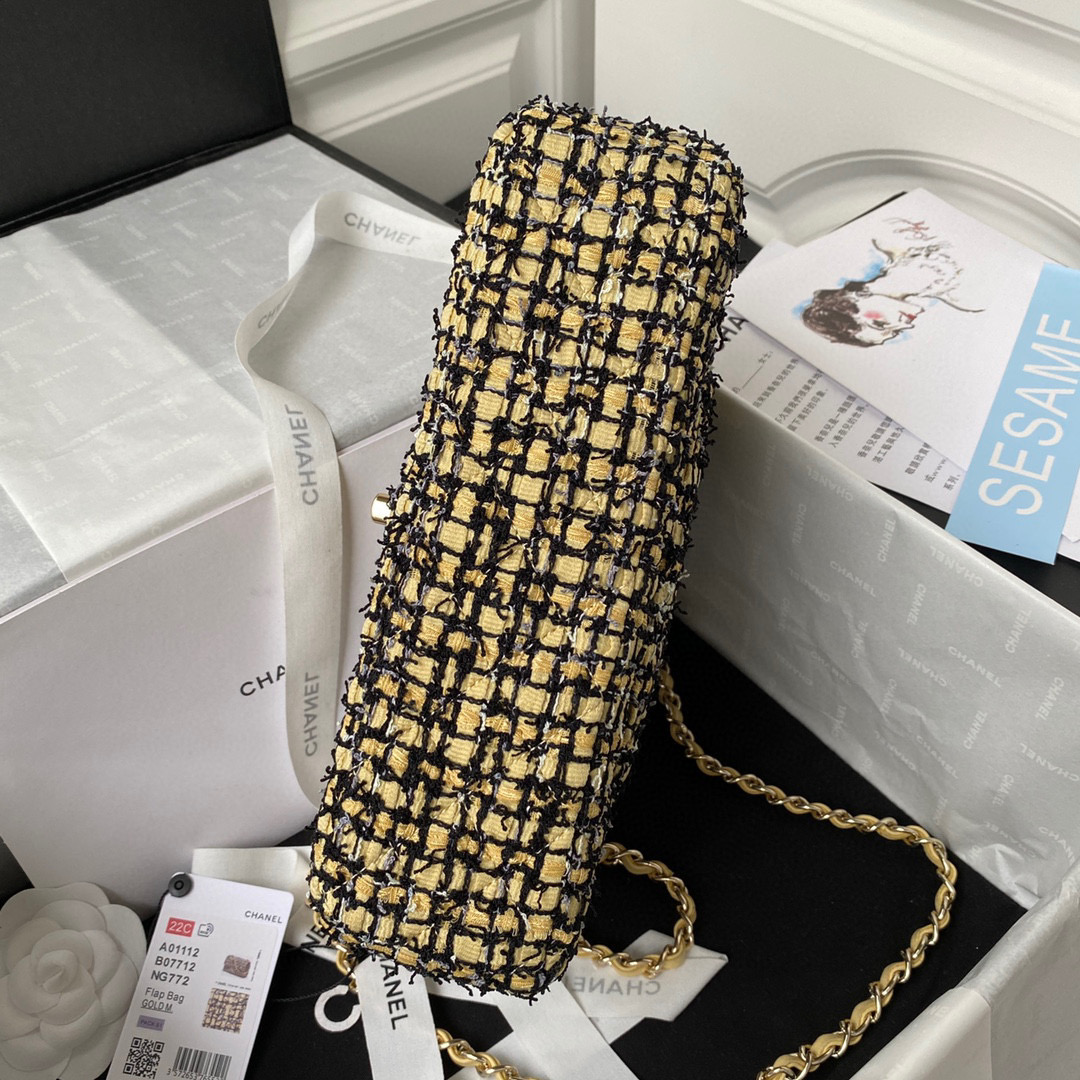 [TOP] CHANEL Classic Flap Bag Tweed Medium 25.5cm - Yellow &  GHW