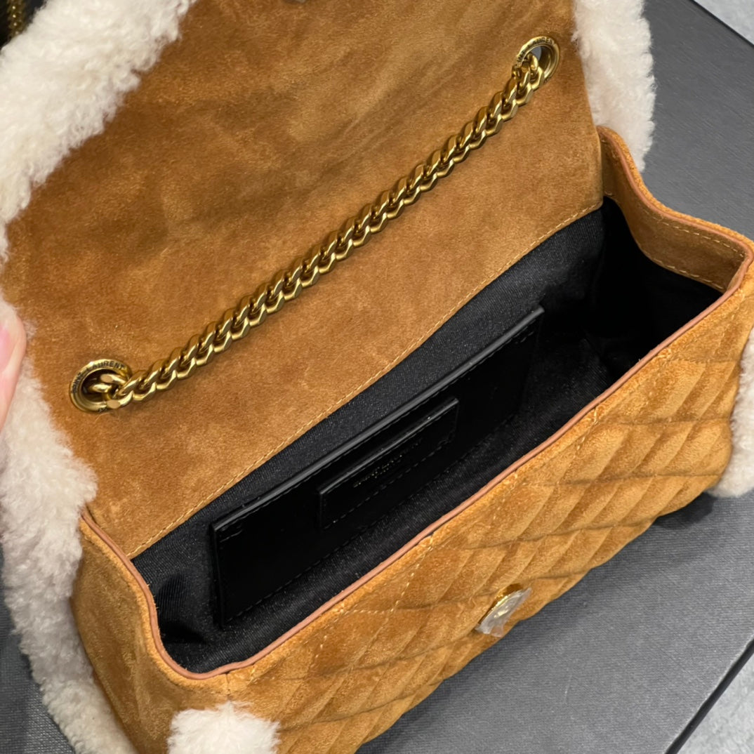 [TOP] Yves Saint Laurent YSL Envelope Small Suede Shearling Bag - Brown