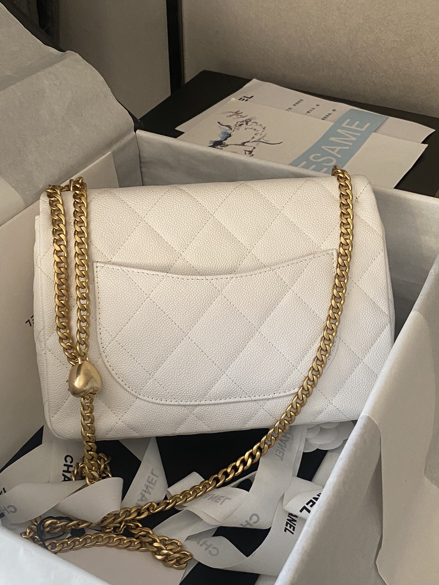 [TOP] CHANEL Classic Flap Bag 12X19x8cm/14X20x8cm/19X24x9cm - GHW - White