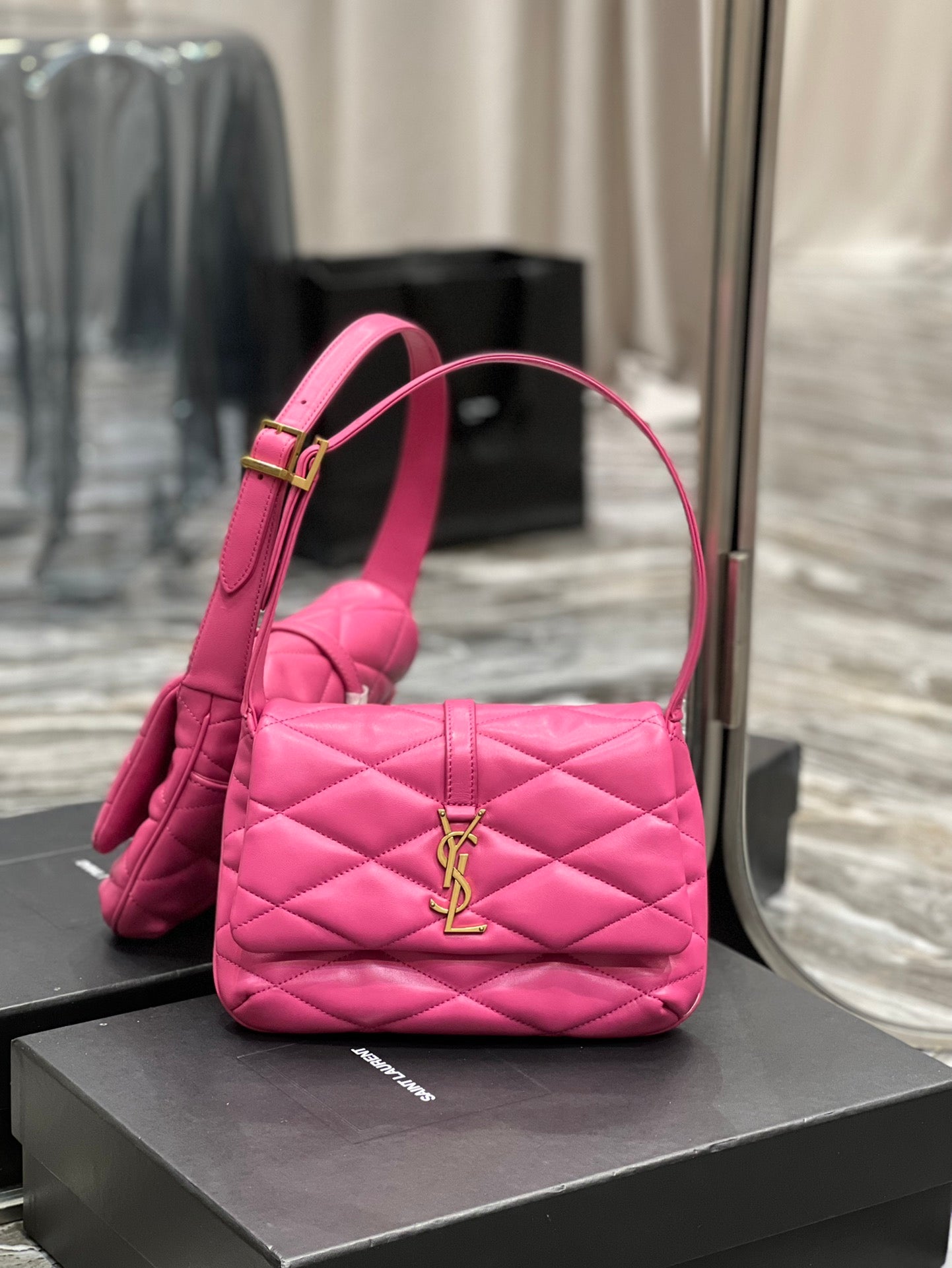 [TOP] Yves Saint Laurent YSL Le 57 Small Shoulder Bag - Hot Pink