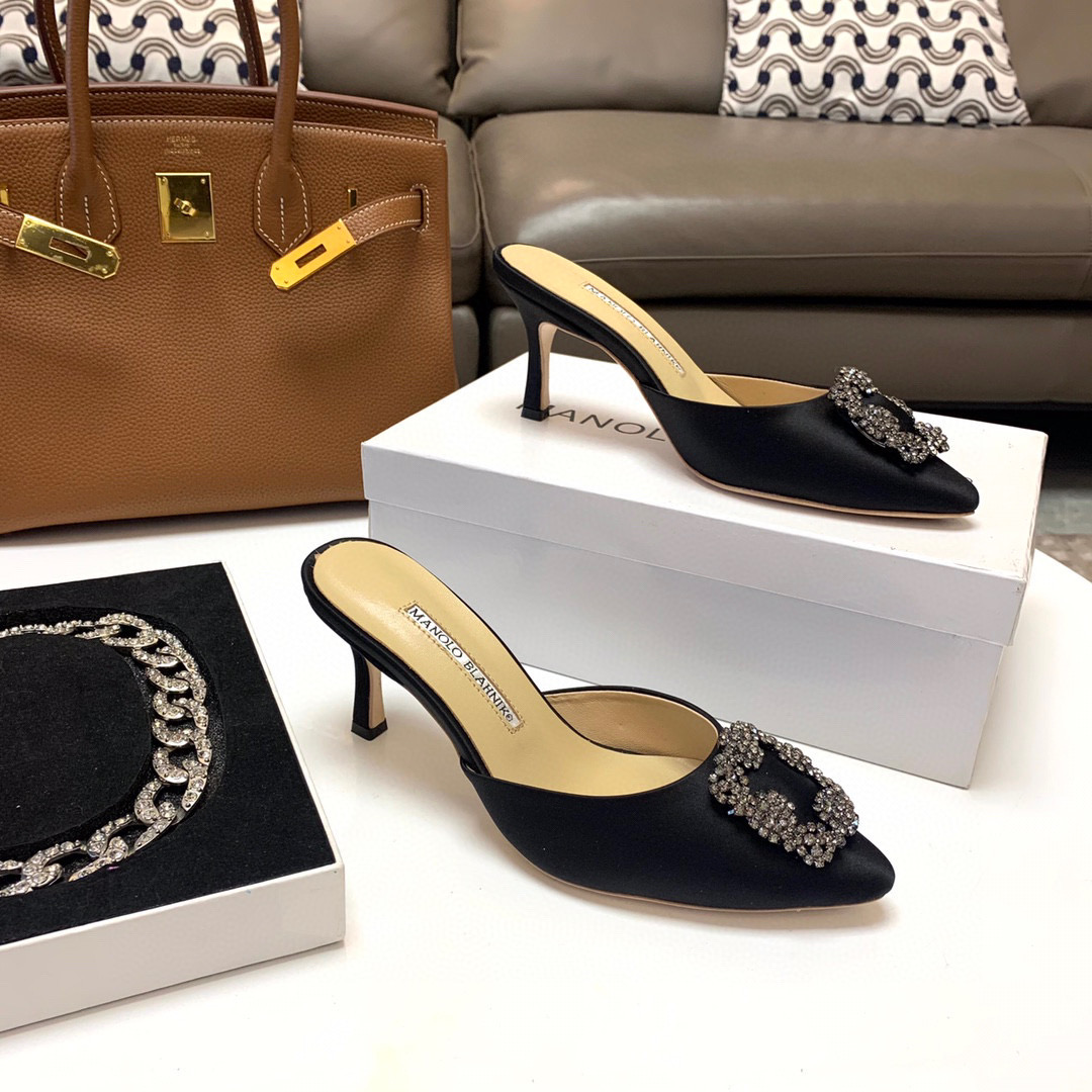 [TOP] Manolo Blahnik HANGISI Satin Crystal Sling back Mules - 5 Colours