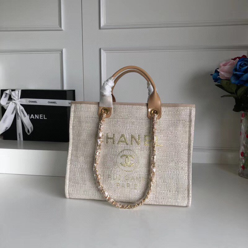 [TOP] CHANEL Deauville Top Handle Bag - Light Beige