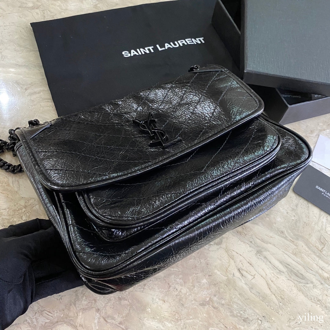 [TOP] Yves Saint Laurent YSL Medium Niki Wrinkles Leather Bag - Black on Black