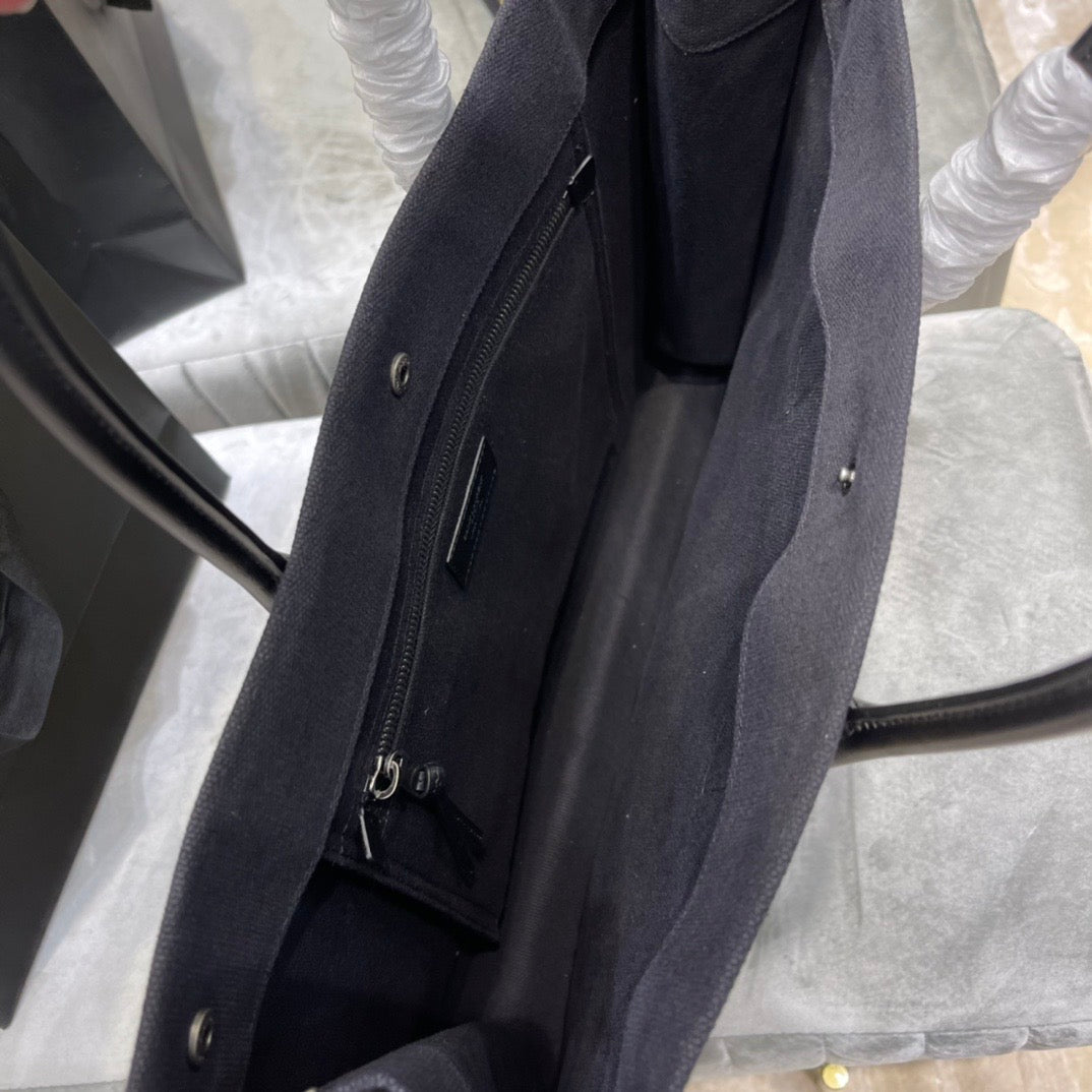 [TOP] Yves Saint Laurent YSL Rive Gauche Straw Tote Bag - Black