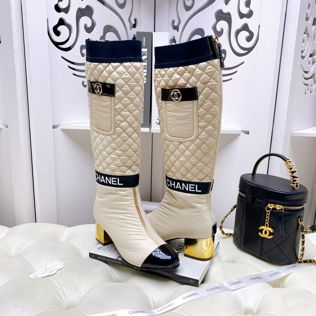 [TOP] CHANEL Lambskin Boots 5cm Heels - white/Black/Beige