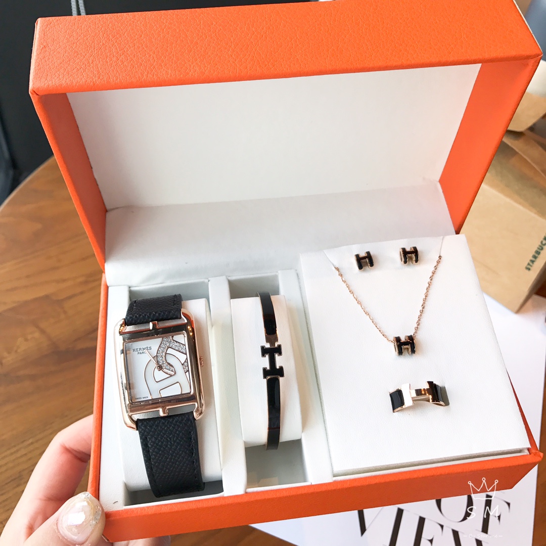 [TOP] HERMES H Logo Watch Bracelet Necklace Earrings Ring Set