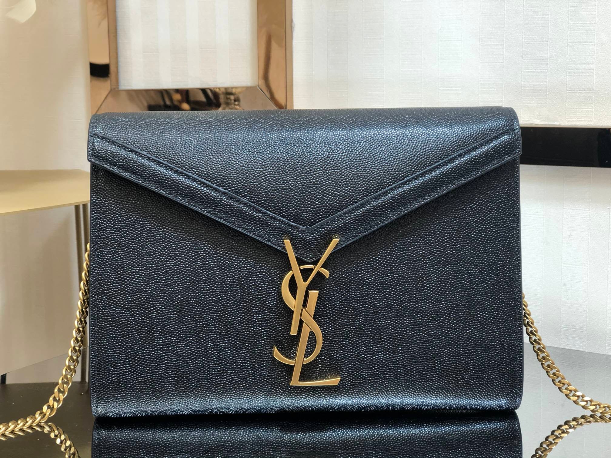 [TOP] Yves Saint Laurent YSL Cassandra Chain Wallet Grain Leather - Black