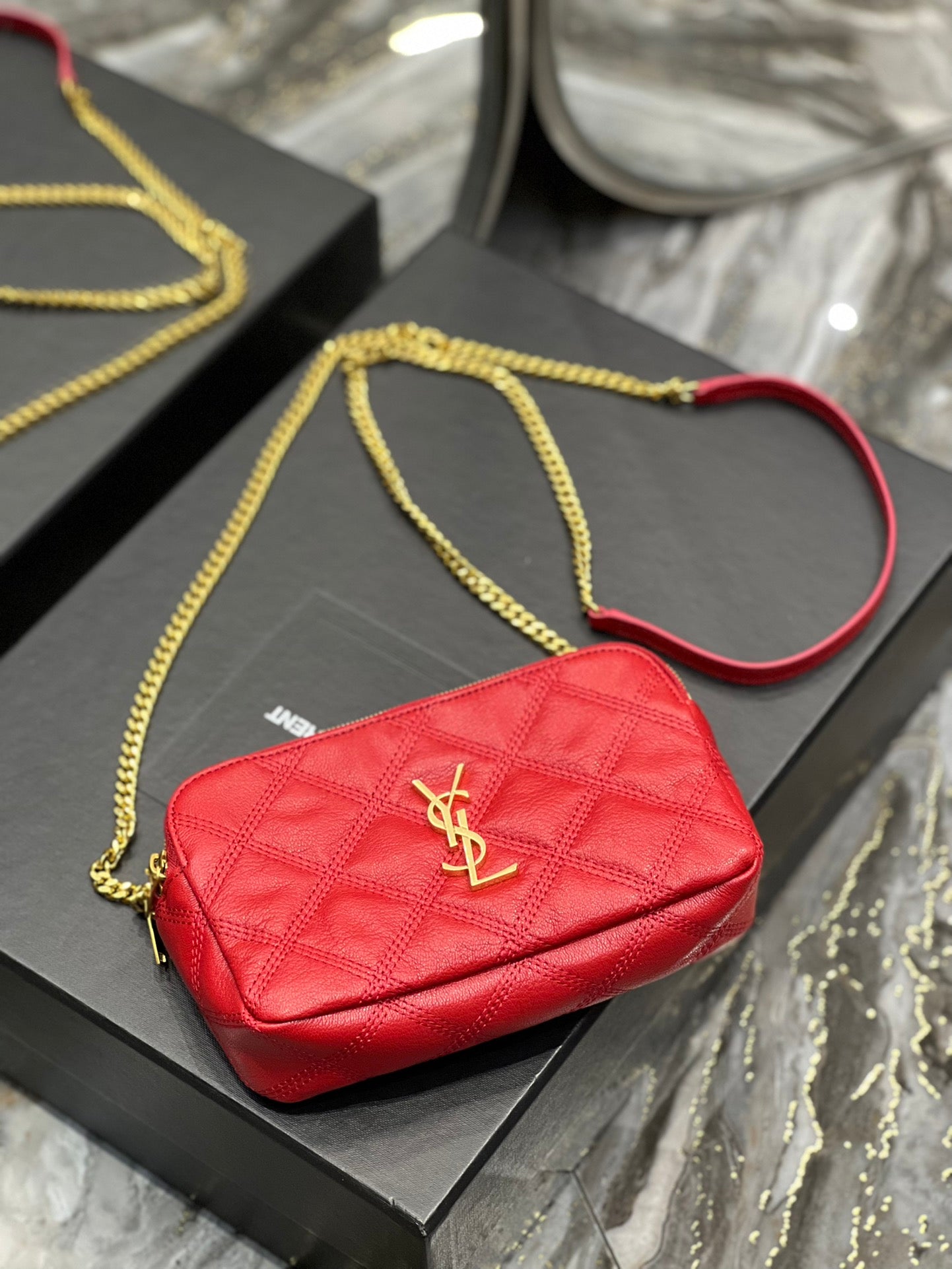 [TOP] Yves Saint Laurent YSL Beckly Double Zip Pouch Bag - Red GHW