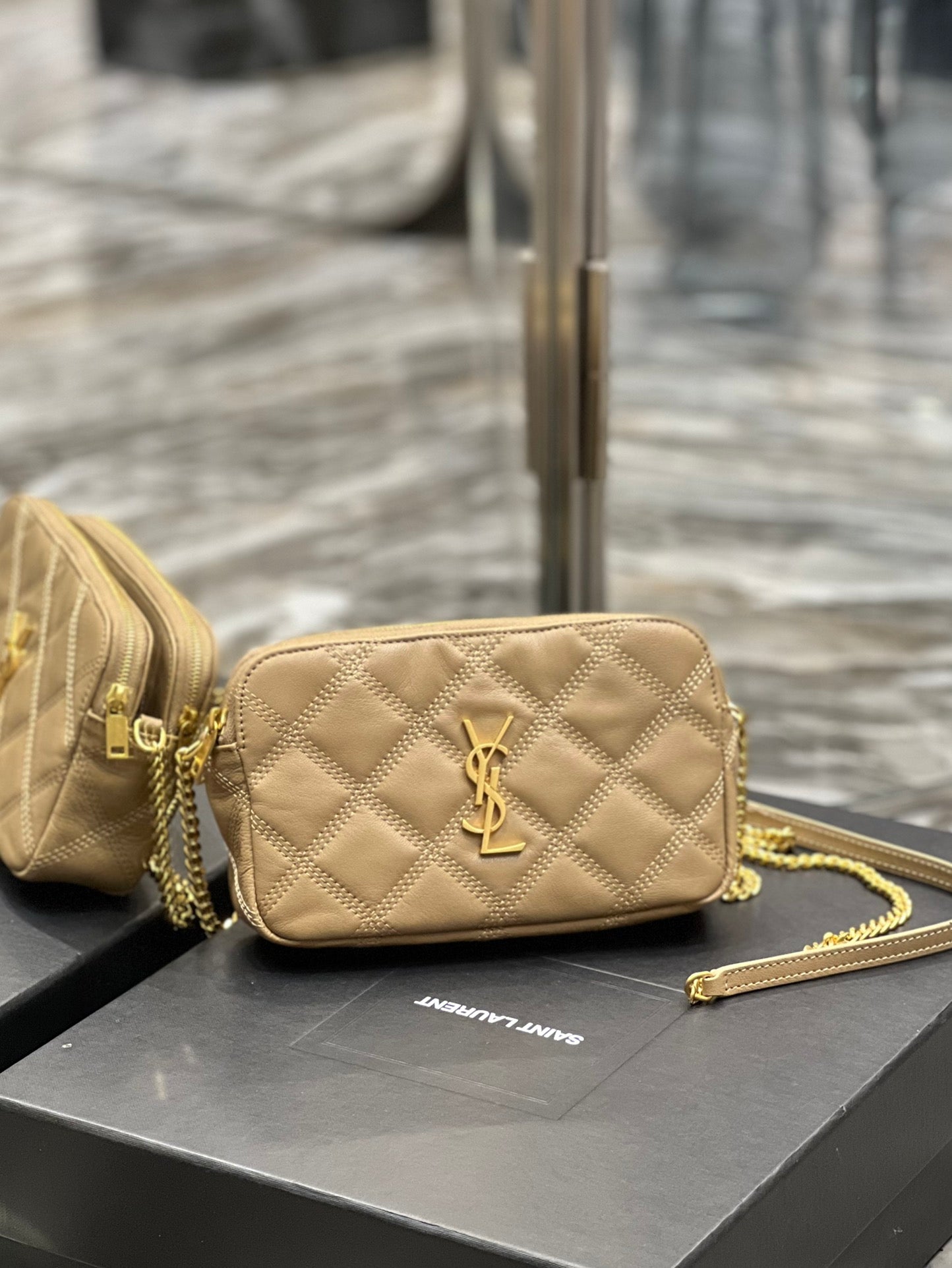 [TOP] Yves Saint Laurent YSL Beckly Double Zip Pouch Bag - Beige GHW