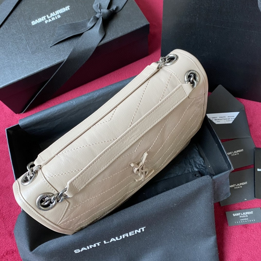 [Top] Yves Saint Laurent YSL Medium Niki Wrinkles Leather Bag 27cm - White