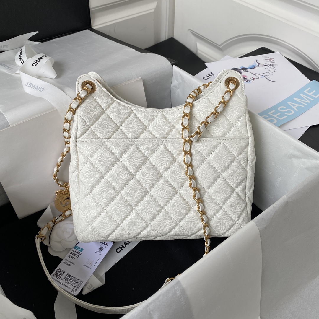 [TOP] CHANEL Hobo Bag 17×19×6cm/21.5×22.5×7cm - GHW - White