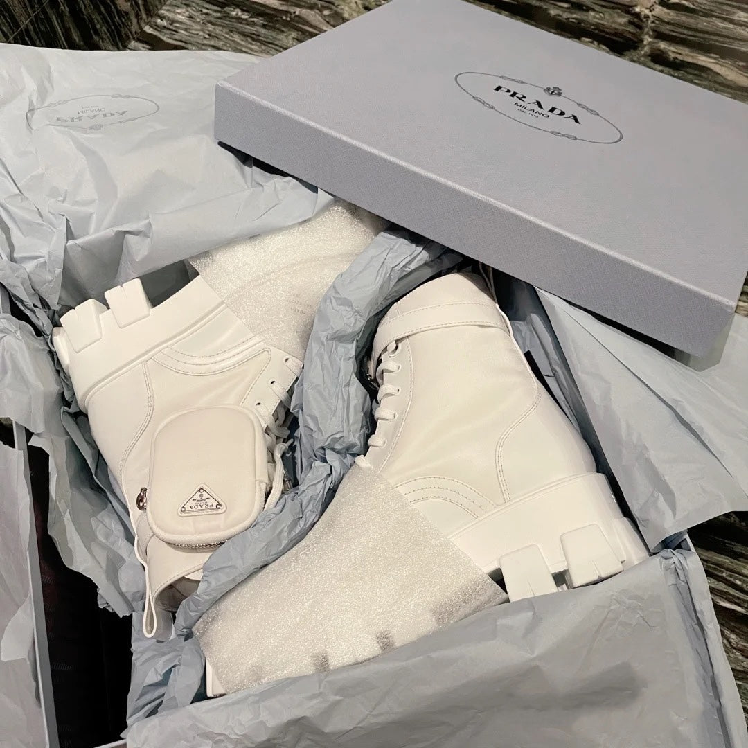[TOP] PRADA Monolith Leather and Nylon Ankle Boots - White