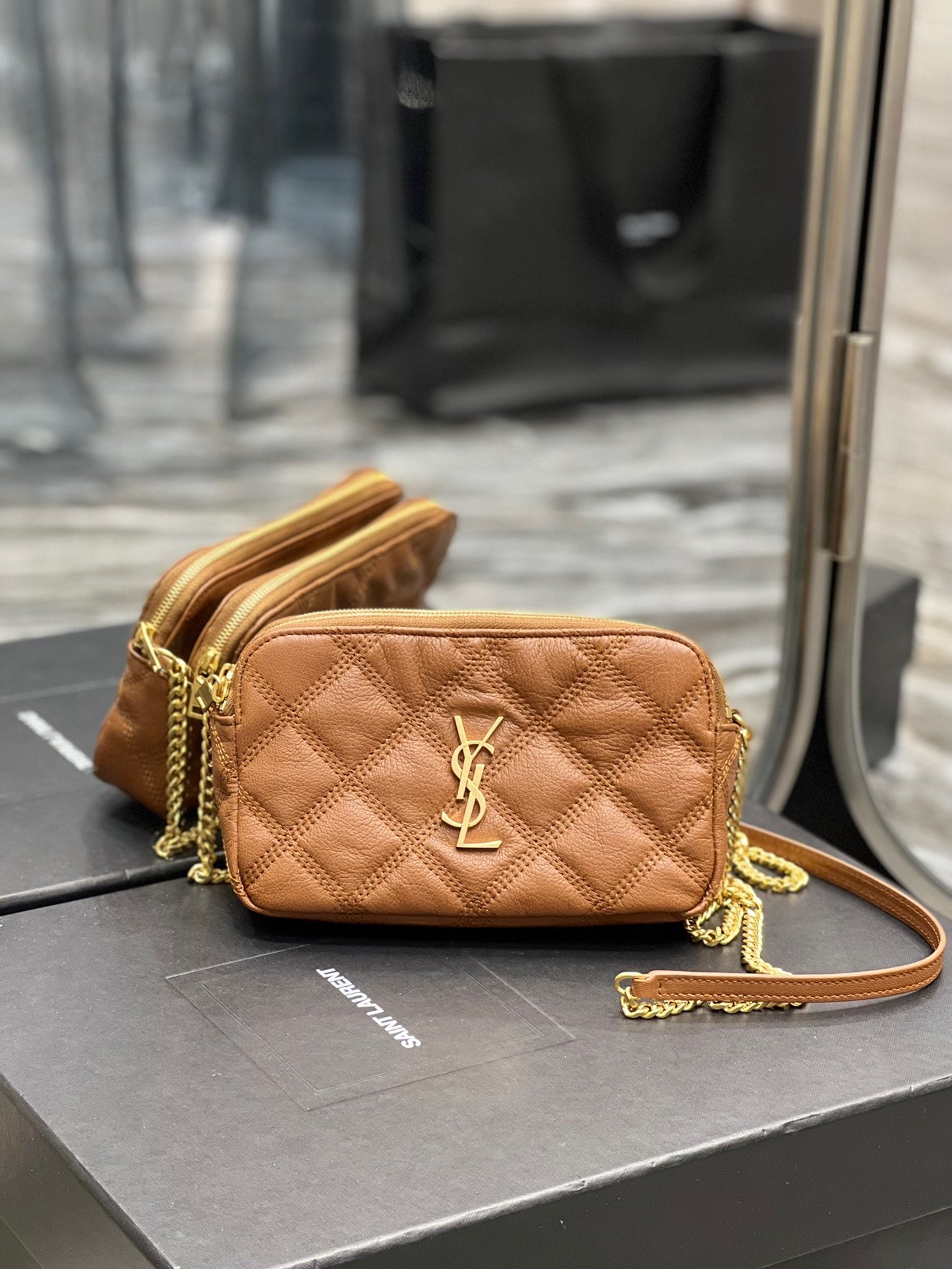 [TOP] Yves Saint Laurent YSL Beckly Double Zip Pouch Bag - Brown