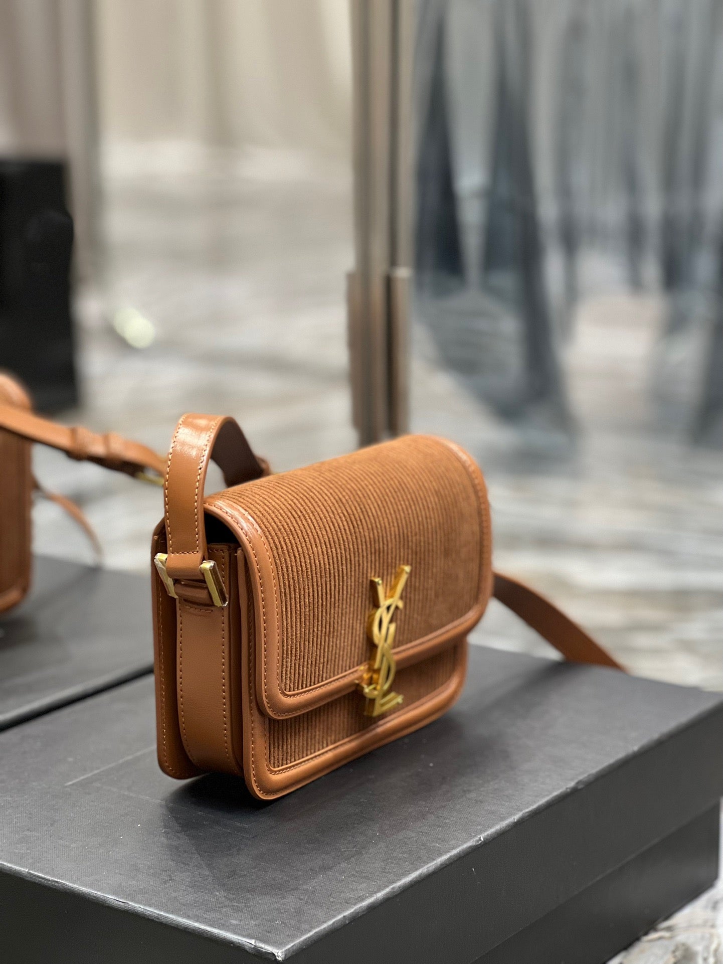 [TOP] Yves Saint Laurent YSL Solferino Corduroy Small Bag - Brown