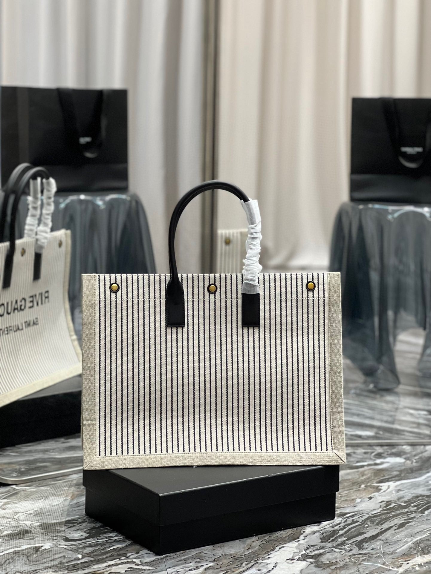 [TOP] Yves Saint Laurent YSL Rive Gauche Canvas Tote Bag - Tan Black Stripes