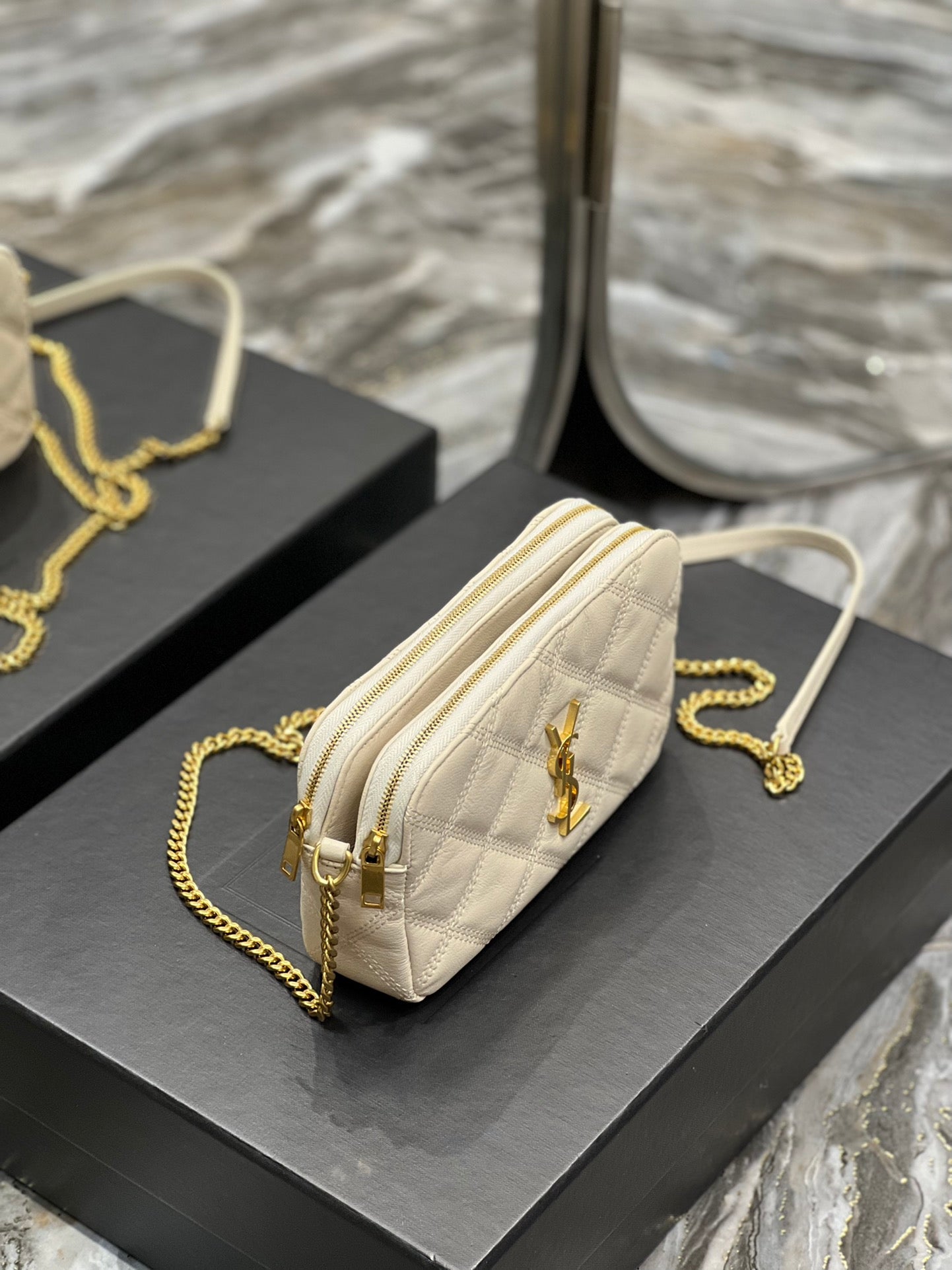 [TOP] Yves Saint Laurent YSL Beckly Double Zip Pouch Bag - White GHW