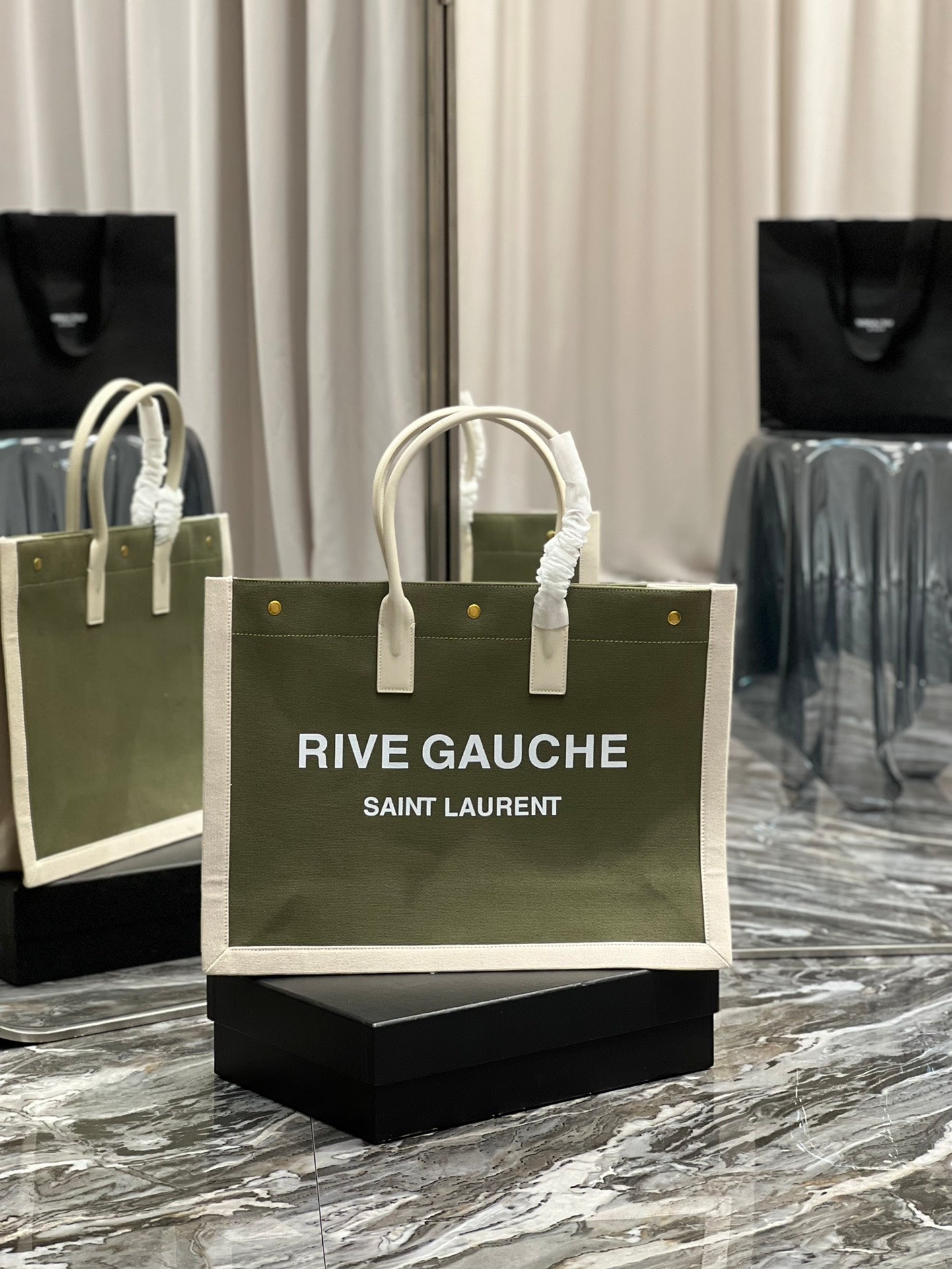 [TOP] Yves Saint Laurent YSL Rive Gauche Canvas Tote Bag - Green
