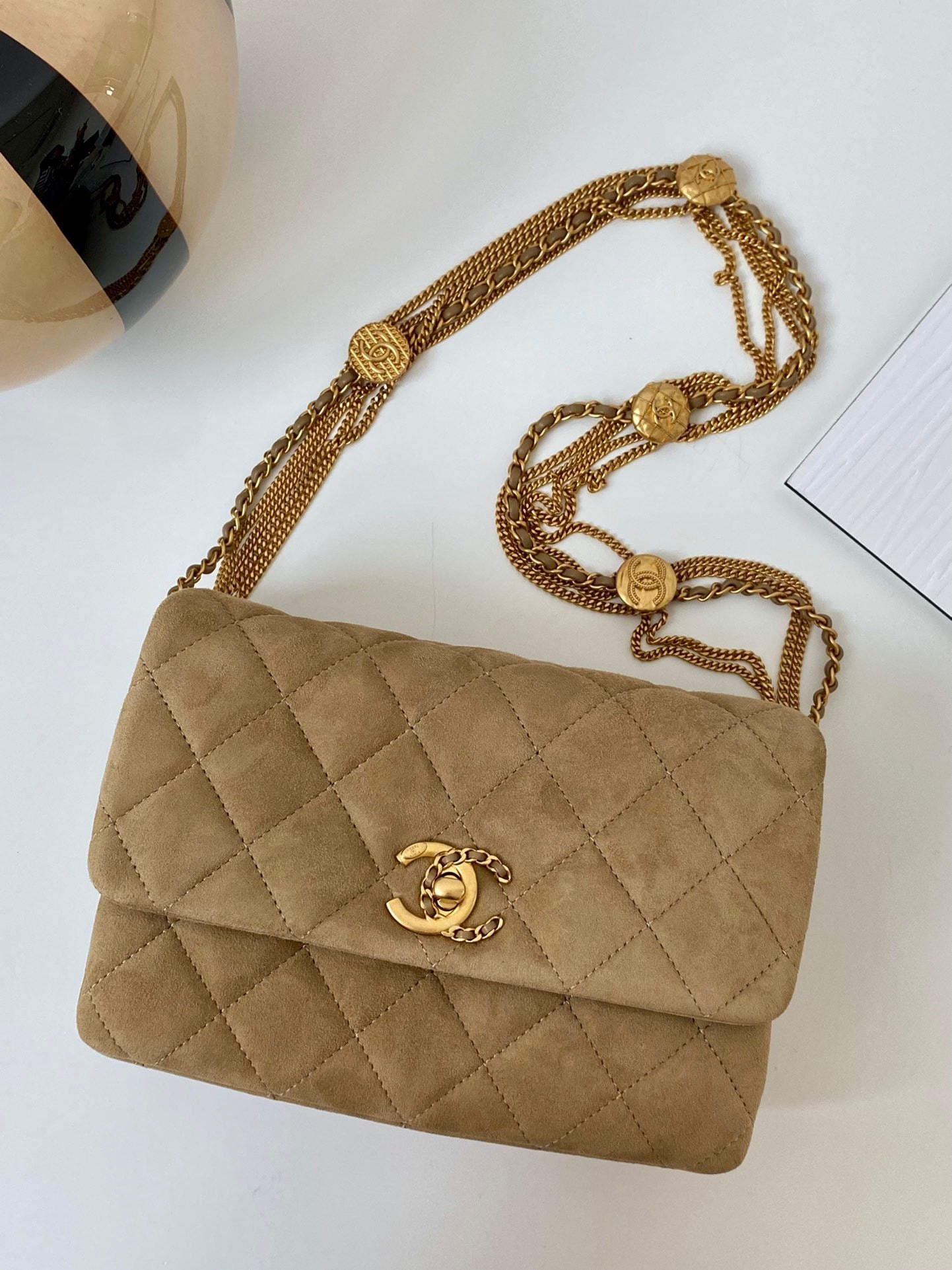 [TOP] CHANEL 19 Bag Coin Chain Small 26CM - Tan