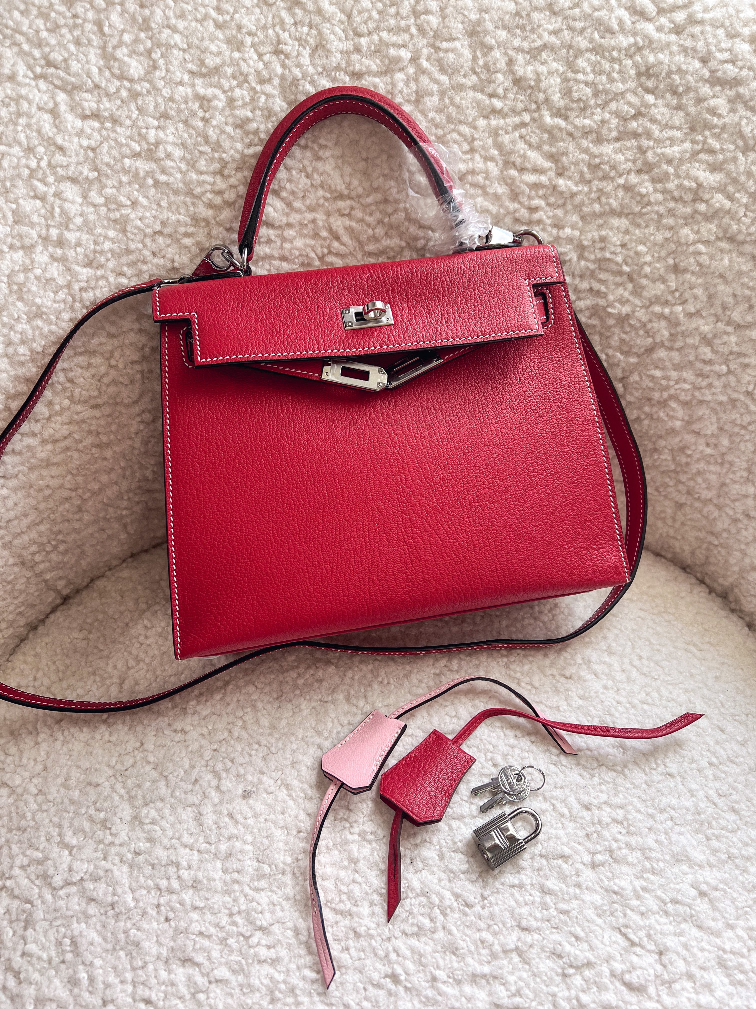 [TOP] HERMES Kelly BiColor Chevre Leather 25cm【Customised】 - Red/Pink Sakura PHW