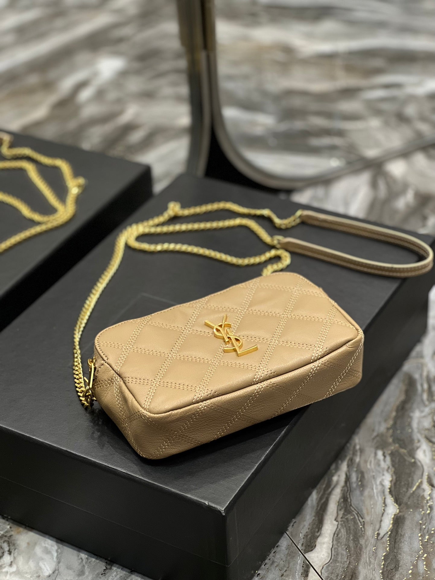 [TOP] Yves Saint Laurent YSL Beckly Double Zip Pouch Bag - Beige GHW