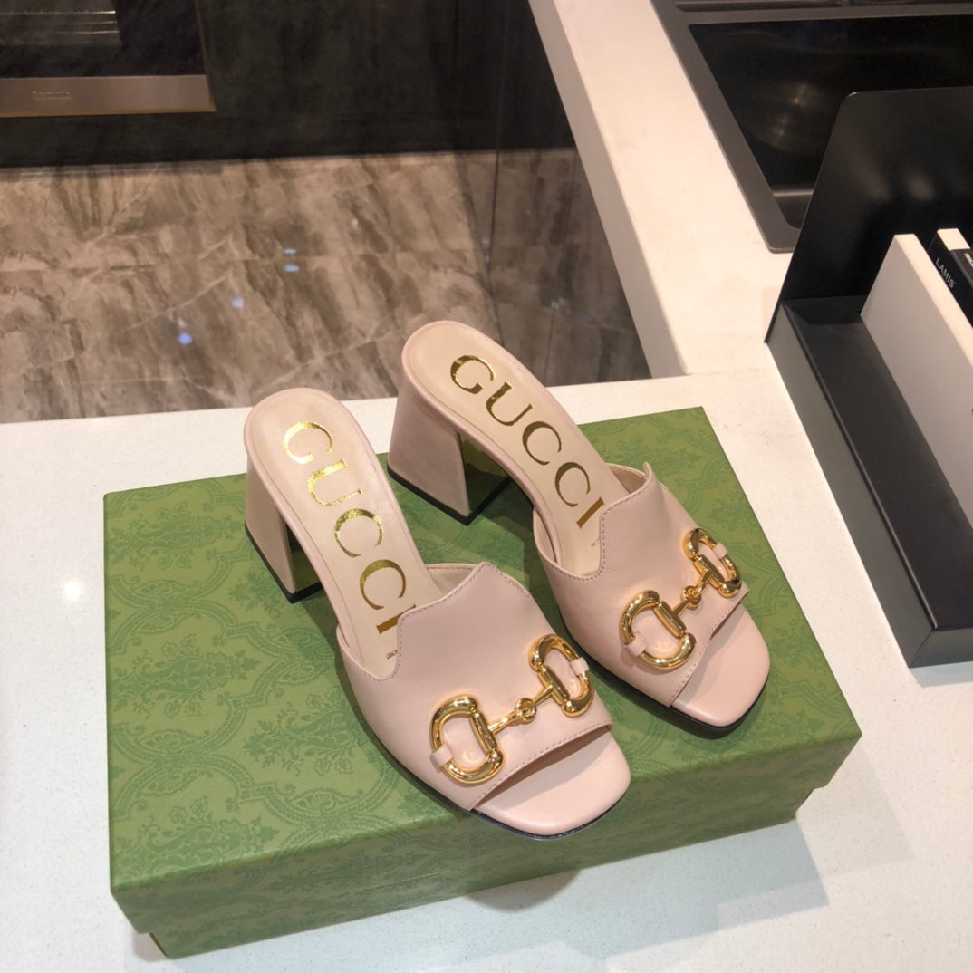 [TOP] GUCCI G*G Horsebit Slide Sandal Block Heels - Light Pink