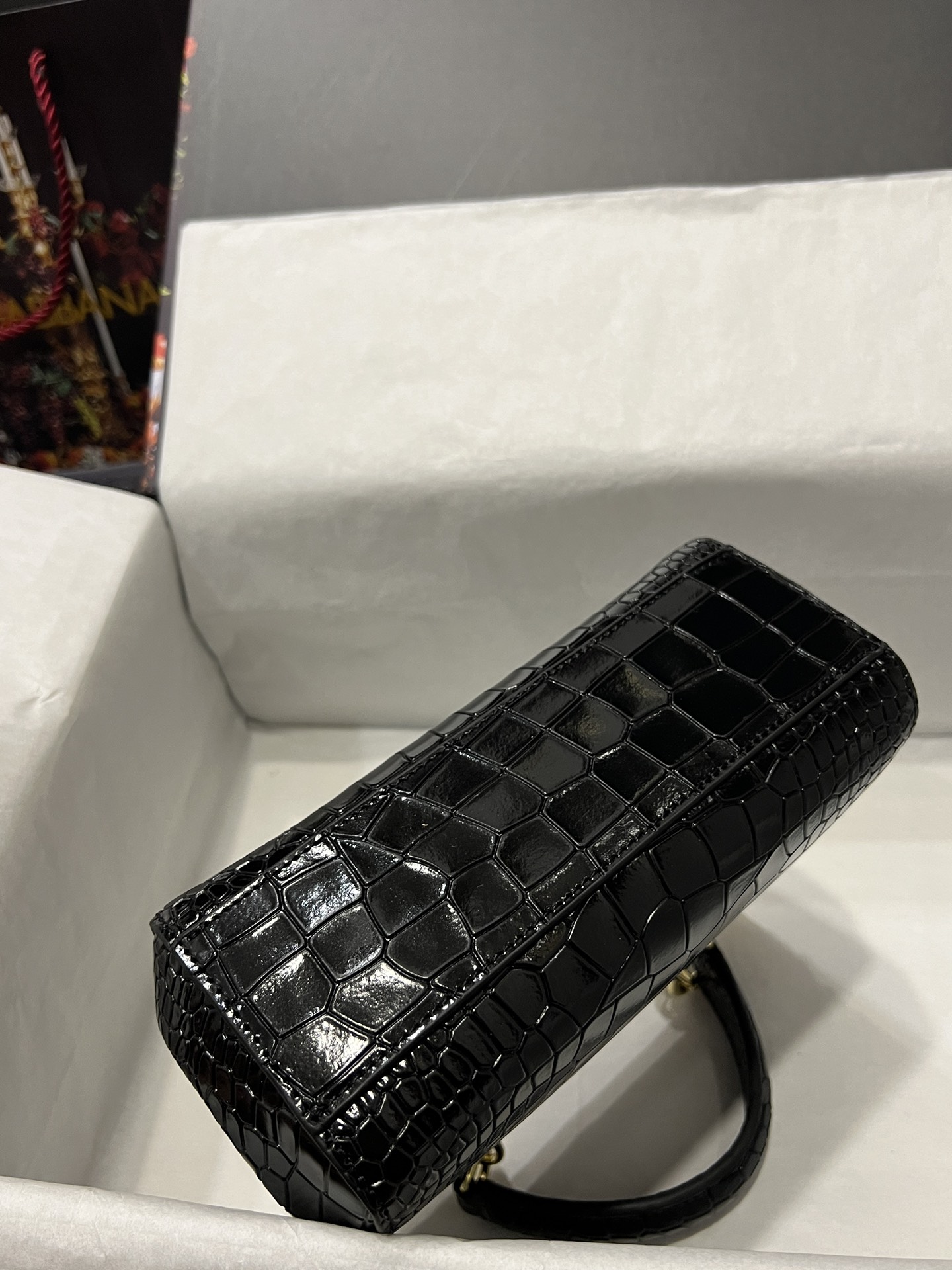 [TOP] Dolce & Gabbana D&G Crocodile-print Calfskin Handbag 20cm/25cm -  Black