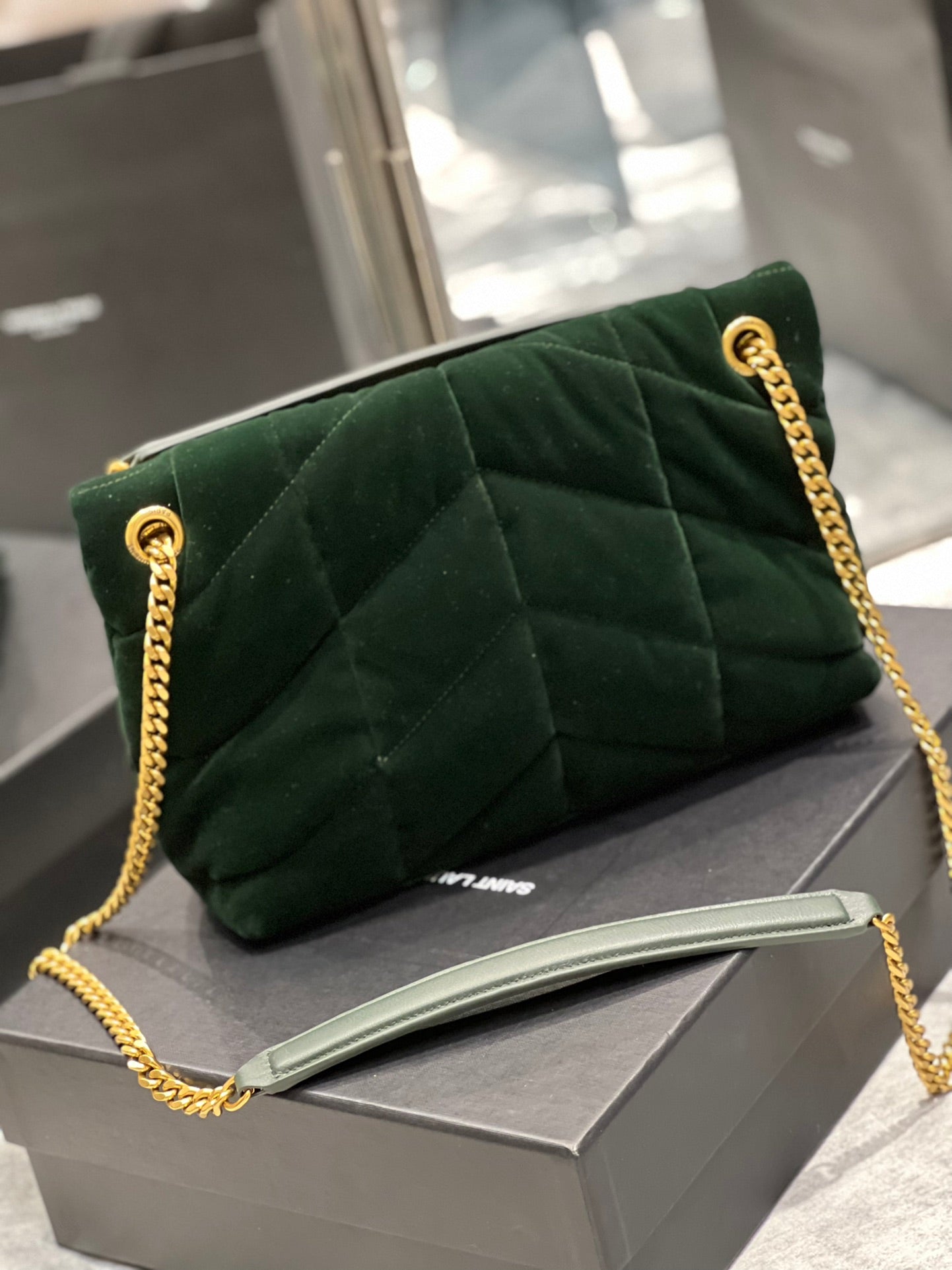 [TOP] Yves Saint Laurent YSL Loulou Puffer Suede Small Bag - Dark Green