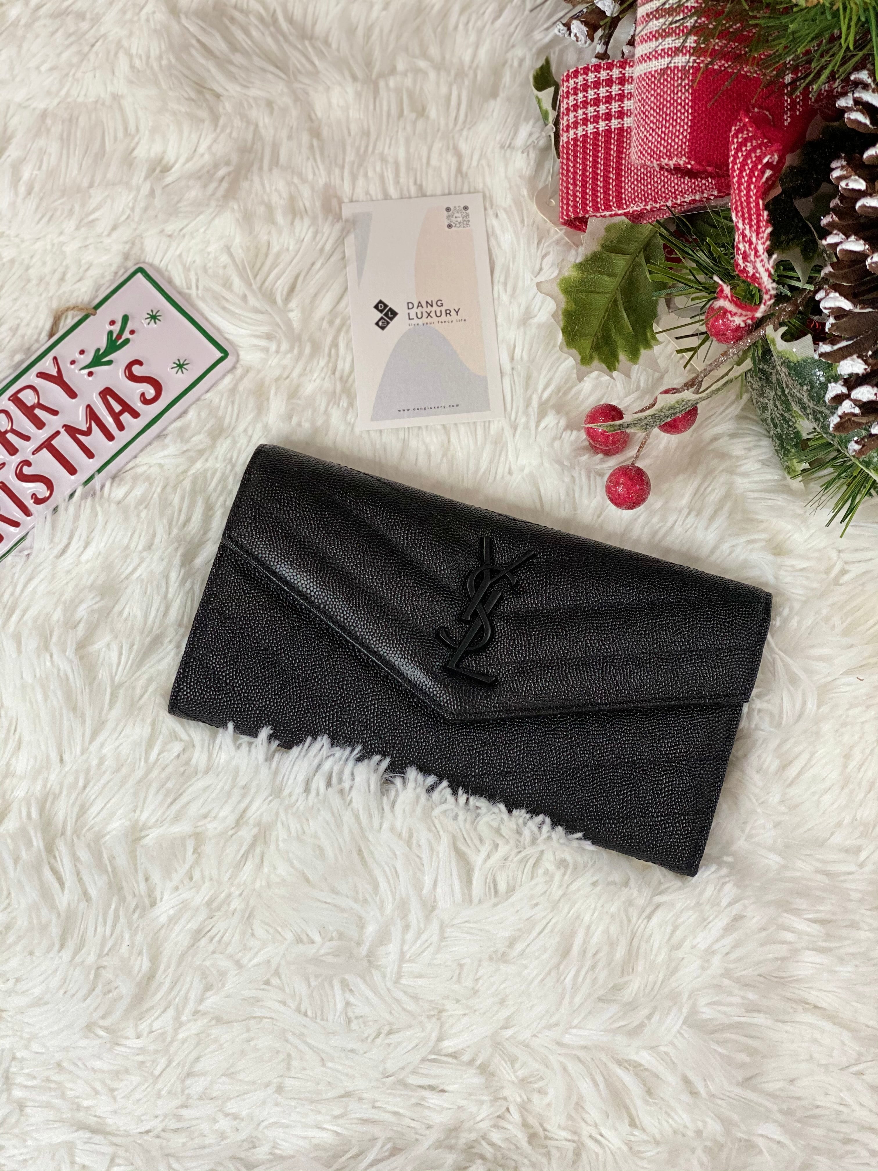 [TOP] Yves Saint Laurent YSL Black YSL Chevron Quilted Grained Leather Metalsse Wallet - ALL BLACK