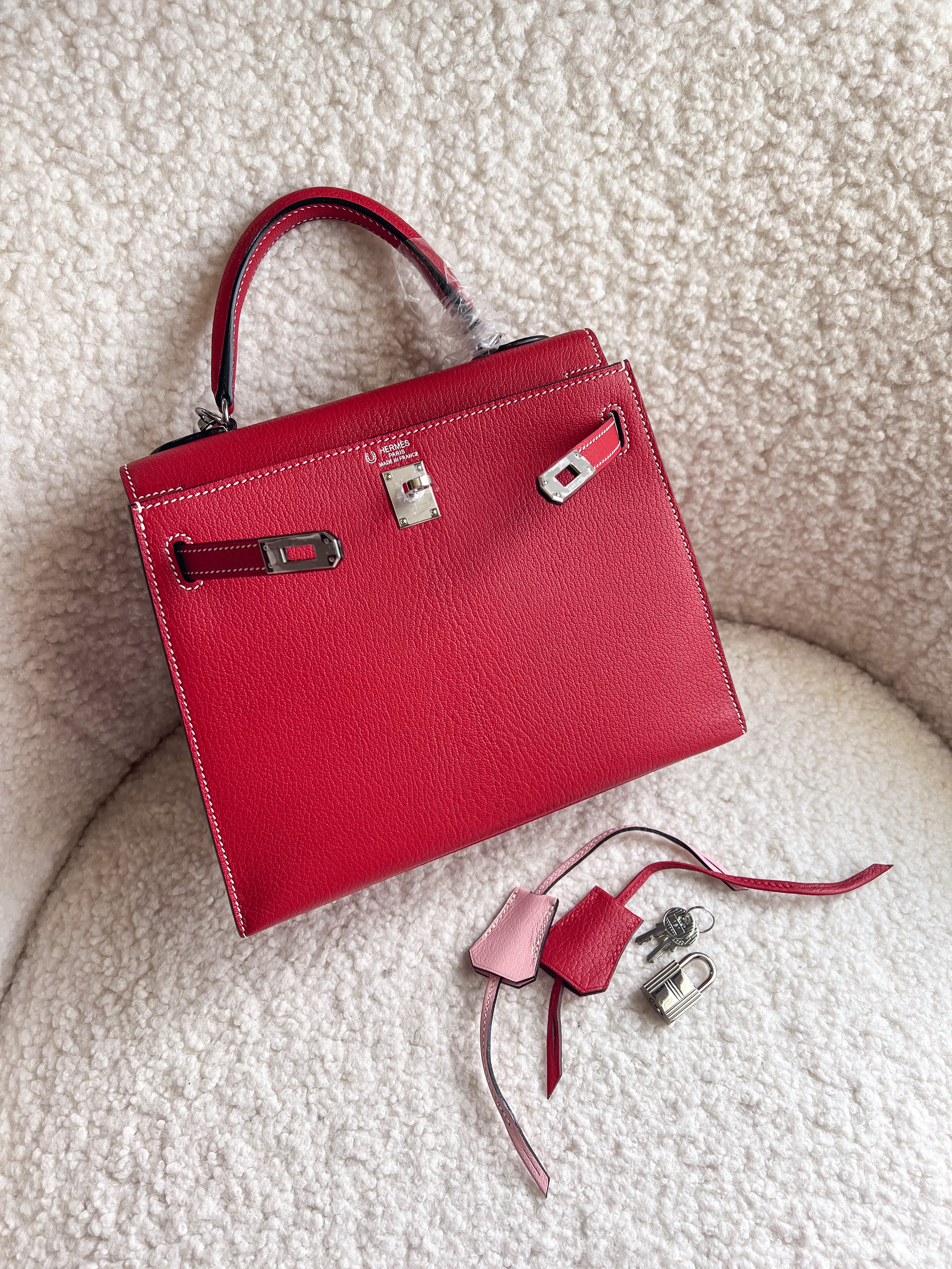 [TOP] HERMES Kelly BiColor Chevre Leather 25cm【Customised】 - Red/Pink Sakura PHW