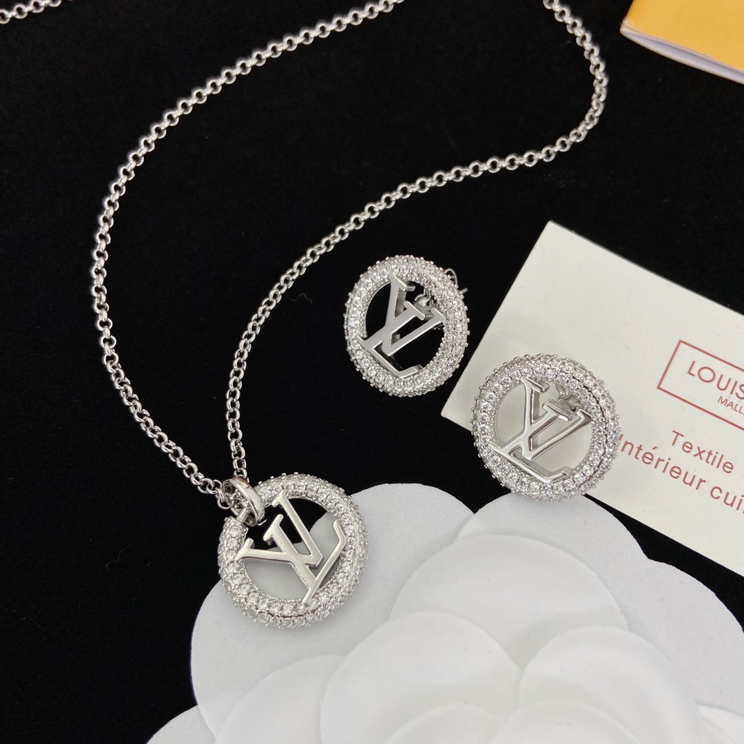 [TOP] Louis Vuitton LV LV Necklace Earrings Set - Silver