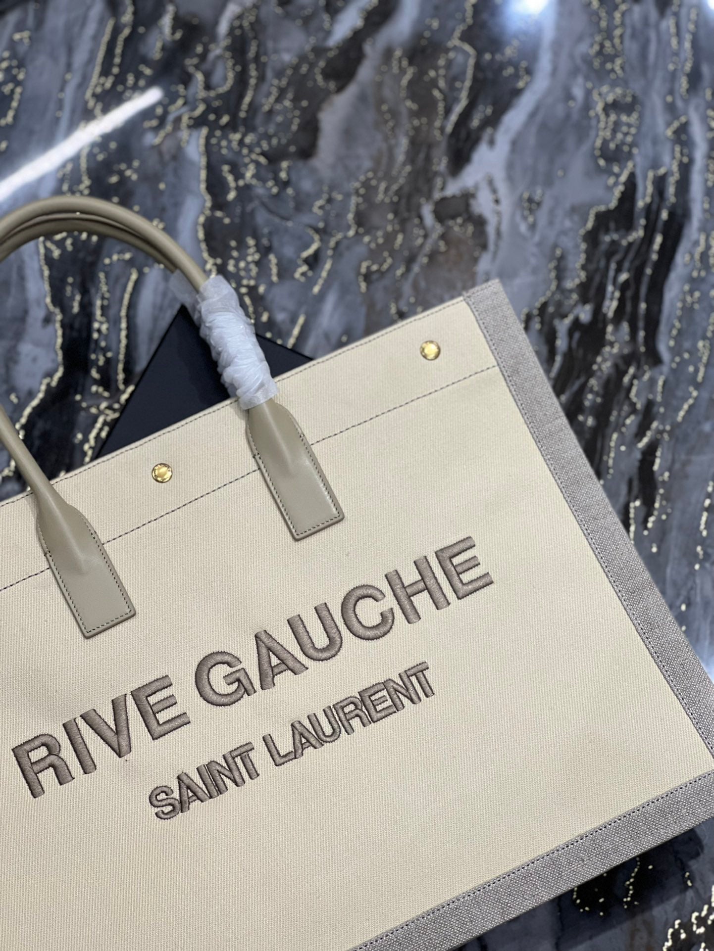 [TOP] Yves Saint Laurent YSL Rive Gauche Canvas Embroidery Tote Bag - Tan